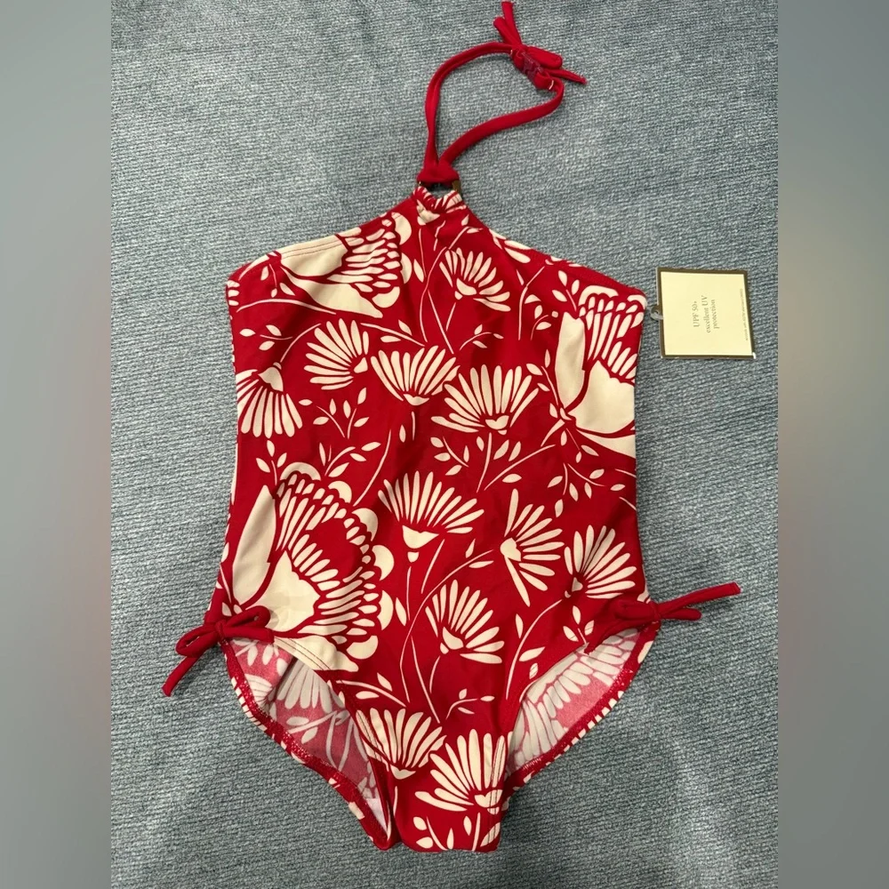 GAP Red and Cream Floral Halter One-Piece Swimsuit - Kids